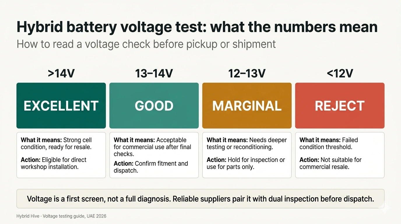 Hybrid battery voltage testing scale showing four condition tiers — Excellent (above 14V) ready for resale, Good (13–14V) acceptable for commercial use, Marginal (12–13V) needs deeper testing, and Reject (below 12V) failed condition threshold.